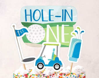 Hole in One Geburtstag Cake Topper, druckbare Golf Hole in One Herzstücke Tischdekoration, Junge erster Geburtstag Partydekorationen, Golf Toppers