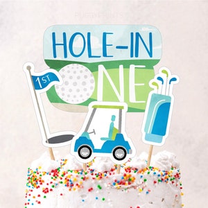 Hole in One Birthday Cake Topper, Printable Golf Hole in One Centerpieces Table Decor, Boy First Birthday Party Decorations, Golf Toppers