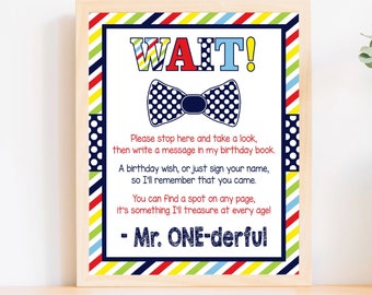 Mr. ONEderful Guest Book Sign, Printable Mr. Onederful Birthday Party Sign, 8"x10" Guestbook Sign, Little Man Bow Tie Colorful Theme, MRC