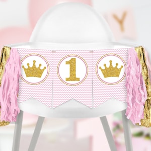 Princess First Birthday High Chair Banner, Printable Princess High Chair Banner, Pink and Gold 1st Birthday Banner, ONE and 1 Banners image 1