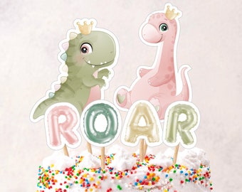 Mädchen Dinosaurier Geburtstag Cake Topper, druckbare Dinosaurier Mittelstücke Tischdekoration, Mädchen Dino-Geburtstagspartydekoration, rosa Dinosaurier Toppers