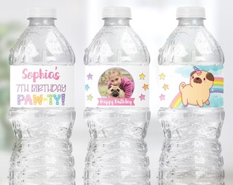 Unicorn Pug Water Bottle Labels, Editable Pug Birthday Party Decorations, Printable Unicorn Water Bottle Labels, Rainbow Dog Birthday Party