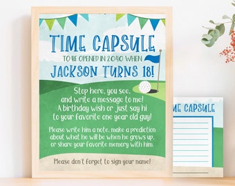 Golf First Birthday Time Capsule Sign & Cards (Editable Template)