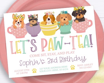 Dog Tea Party Birthday Invitation, Editable Let's Paw Tea Invitation Template, Printable Dog Birthday Party Invitation, Girl Tea Party