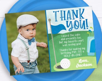 Tarjeta de agradecimiento Hole in One, plantilla de tarjeta de agradecimiento de cumpleaños de golf editable, nota de agradecimiento de golf imprimible, fiesta de golf del primer cumpleaños del niño