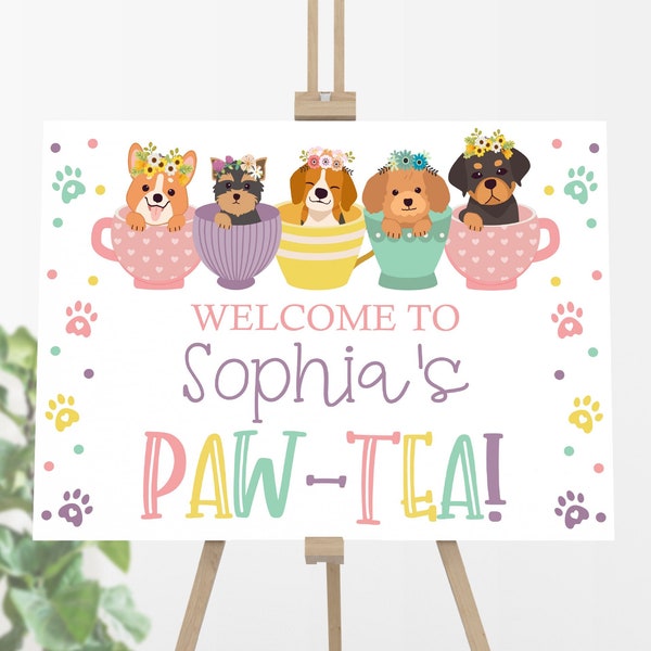 Dog Tea Party Welcome Poster, Editable Tea Party Birthday Welcome Sign, Printable Puppy Tea Pawty Welcome Poster, Girl Birthday Party Decor