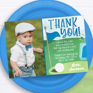 Cartão de agradecimento Hole in One, modelo de cartão de agradecimento editável de aniversário de golfe, nota de agradecimento imprimível para golfe, festa de golfe de primeiro aniversário de menino