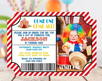 Circus Birthday Invitation, Editable Circus Ticket Invitation Template, Printable Circus Birthday Party Invitations, Carnival Party Invite