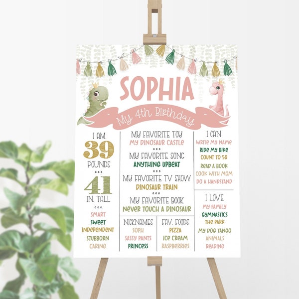 Girl Dinosaur Birthday Chalkboard Poster, Editable Dinosaur Birthday Stats Poster, Milestone Poster, Birthday Poster, Dino Party Decorations