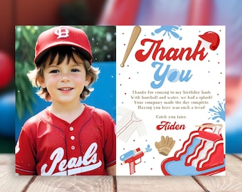 Baseball Water Party Thank You Card, Editable Baseball Birthday Thank You Card Template, Printable Pool Party Boy Summer Birthday Thank You