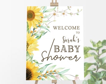 Cartel de bienvenida para baby shower con girasoles: Letrero floral bohemio (descarga digital)