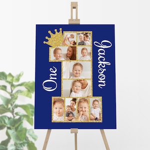 Póster con foto del primer cumpleaños del príncipe, plantilla editable para póster con fotos del primer cumpleaños, decoraciones imprimibles para fiesta de cumpleaños del príncipe, letrero del príncipe