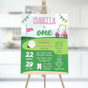 Agujero en un cartel de hito, cartel de primer cumpleaños de golf editable, signo de estadísticas de 1er cumpleaños imprimible, cartel de hito de golf cumpleaños de la niña