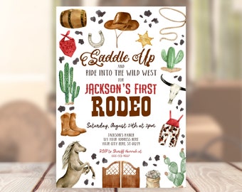 Editable Western Birthday Invitation Template Printable Cowboy First Rodeo Party Invite Boy Wild West 1st Rodeo Corjl Digital Download