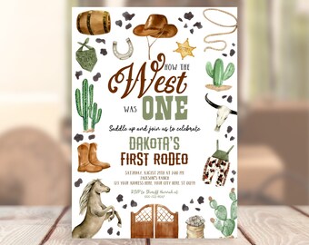 Editable Western Birthday Invitation Template Printable Cowboy Cowgirl First Rodeo Party Invite Boy Girl Wild West One Rodeo Corjl Download