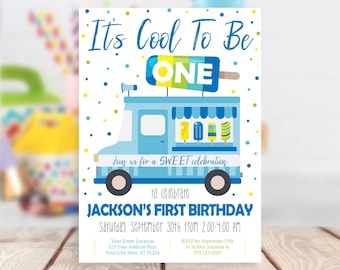 アイスキャンディーの誕生日招待状、編集可能なアイスキャンディー招待状テンプレート、印刷可能なアイスキャンディートラックの招待状、男の子の夏のアイスクリームパーティー