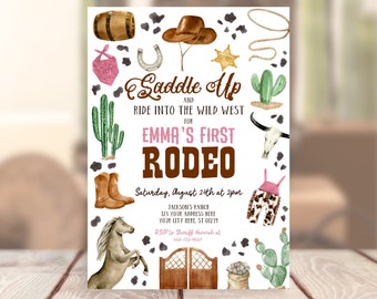 Editable Western Birthday Invitation Template Printable Cowgirl First Rodeo Party Invite Girl Wild West 1st Rodeo Corjl Digital Download