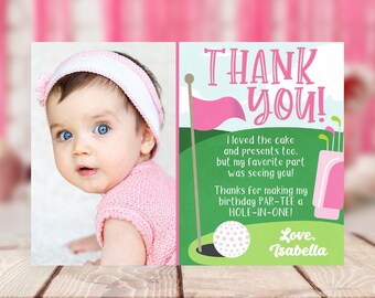 Hole in One Thank You Card, Editable Golf Birthday Thank You Card Template, Printable Golfing Thank You Note, Girl First Birthday Golf Party