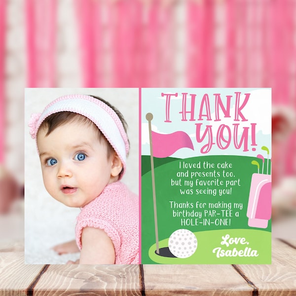 Hole in One Thank You Card, Editable Golf Birthday Thank You Card Template, Printable Golfing Thank You Note, Girl First Birthday Golf Party