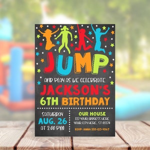 Plantilla de invitación de cumpleaños de salto editable imprimible castillo hinchable casa de rebote fiesta de trampolín fiesta de cumpleaños para niños Corjl Descarga instantánea