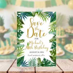 Luau Birthday Save the Date: Gold Pineapple, Tropical Leaves (Editable Template)