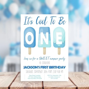 ポップシクルの1歳の誕生日招待状、It's Cool to be ONE招待状、スイートなお祝い、男の子のポップシクル招待状、編集可能な夏の誕生日招待状