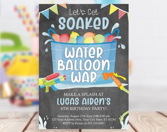 Invitación de globo de agua, Invitación de fiesta de cumpleaños de guerra de globos de agua editable, Empapémonos para imprimir, Fiesta del agua, Salpicadura, Verano