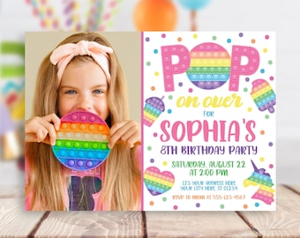 Pop It Birthday Invitation, Editable Pop It Invitation Template, Printable Pink Rainbow Fidget Toy Party Invitation, Pop Popper Toy Invite