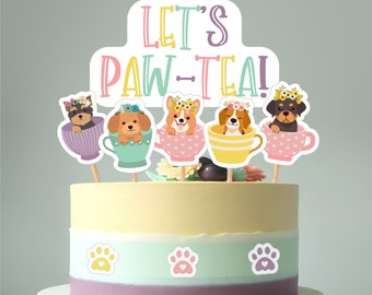 Dog Tea Party Birthday Cake Topper, Printable Puppy Paw-tea Centerpieces Table Decor, Girl Birthday Party Decorations Cupcake Toppers