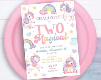 Invitación de unicornio para segundo cumpleaños: Arcoíris de acuarela, plantilla editable (descarga digital)