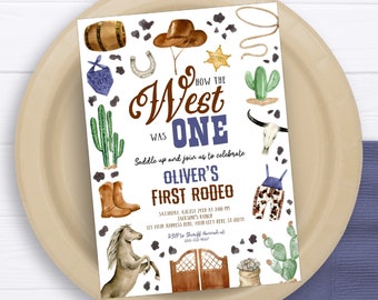 Editable Western Birthday Invitation Template Printable Cowboy First Rodeo Party Invite Blue Boy Wild West One Rodeo Corjl Digital Download