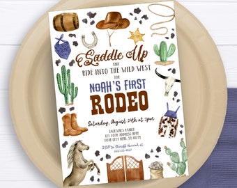 Editable Western Birthday Invitation Template Printable Cowboy First Rodeo Party Invite Boy Wild West 1st Rodeo Corjl Digital Download