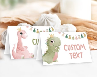 Tarjetas de lugar de cumpleaños de dinosaurios para niñas, tarjetas de lugar de dinosaurios editables, tarjetas de tienda imprimibles, fiesta de cumpleaños de dinosaurios, etiquetas de alimentos de dinosaurios