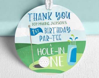 Hole in One Round Labels, Editable Golf Thank You Favor Tags, Golf Birthday Party Thank You Tags, Boy First Birthday Party Favor Tags