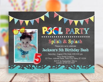 Invitación de cumpleaños de fiesta en la piscina, plantilla de invitación de fiesta en la piscina editable, invitaciones de cumpleaños de verano imprimibles, fiesta en el agua, Splash Splash