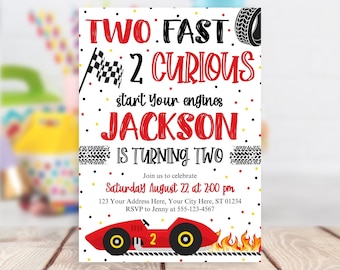 Two Fast Birthday Invitation, Editable 2 Curious Invitation Template, Printable Boy Racing Invitation, Red Race Car Birthday Party Invite