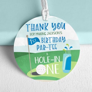 Ronde hole-in-one-labels, bewerkbare golfbedankkaartjes, bedankkaartjes golfverjaardagsfeestje, bedankkaartjes jongens eerste verjaardagsfeestje