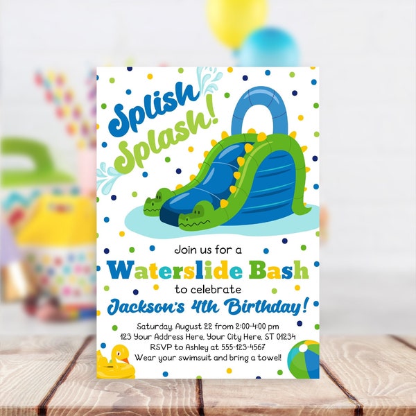 Waterslide Birthday Invitation, Editable Waterslide Invitation Template, Printable Boy Pool Party Invitations, Summer Water Party, Splash