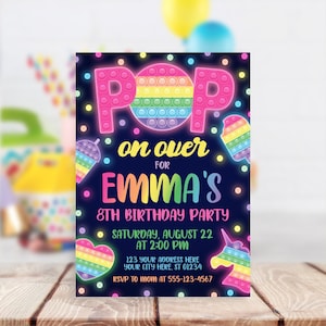 Pop It Birthday Invitation: Neon Rainbow Fidget Toy (Editable Template)
