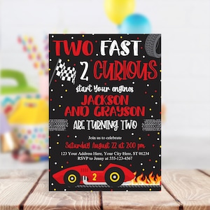 Dois convites rápidos de aniversário: festa de corrida de carros, gêmeos (modelo editável)
