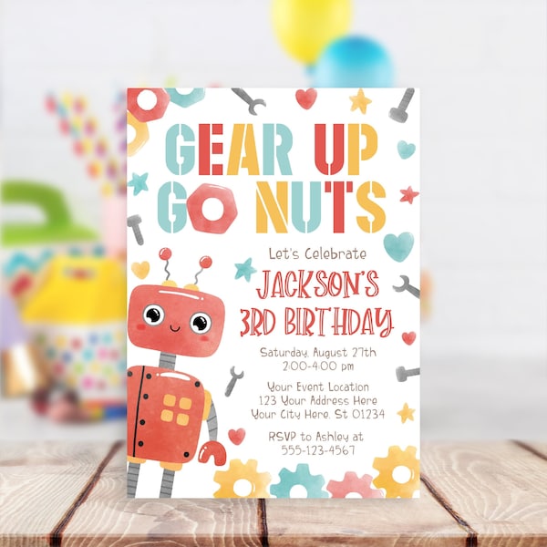 Robot Birthday Invitation, Editable Robot Invitation Template, Printable Robot Invitations, Gear Up Go Nuts, Robot Party Invites