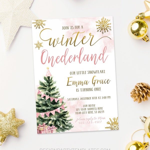 Editable Winter Onederland Birthday Invitation Template Printable Wonderland Girl First Birthday Christmas Tree Snowflake Digital Download