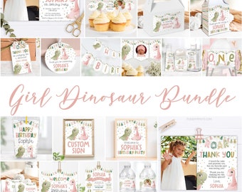 Pink Dinosaur Birthday Party Bundle: Editable Decorations (Digital Download)