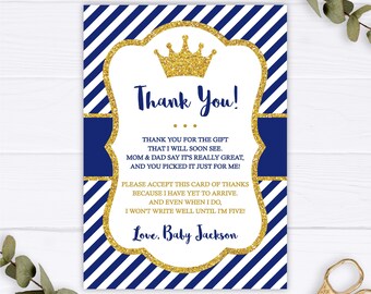 Thank You Cards Instant Download Crown Notes Royal Digital Gold Stripes Blue Thank you for Celebrating the Little Prince