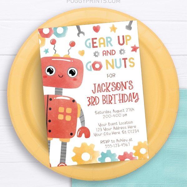 Robot Birthday Invitation, Editable Robot Invitation Template, Printable Robot Invitations, Gear Up Go Nuts, Robot Party Invites