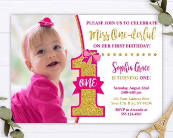 Miss Onederful Invitation, Little Miss Onederful Birthday Invitation, Girls First Birthday Invite, Hot Pink and Gold 1st Birthday Invites