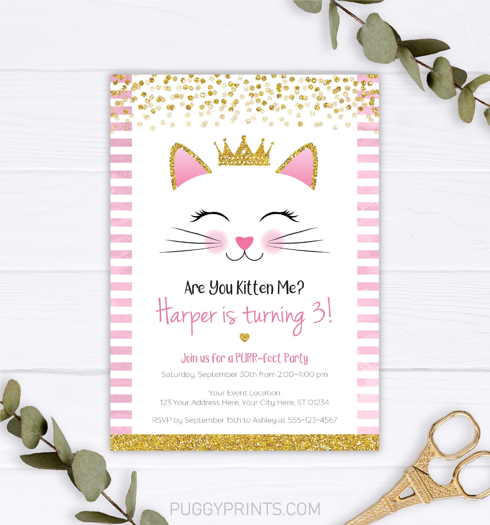 Kitty Cat Birthday Invitation Editable Template Online - Etsy