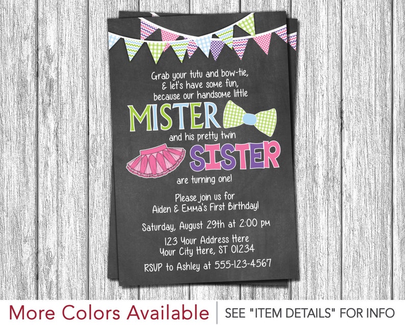 Twins Birthday Invitation Tutus and Ties Invitation Boy Etsy