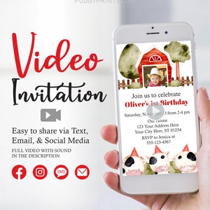 Cow 1st Birthday Video Invitation: Personalized Farm Party (Digital)