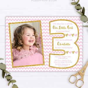 Pink and Gold Third Birthday Invitation, Editable Girl 3rd Birthday Invitation Template, Pink Chevron, Gold Glitter, Number 3 Invitations